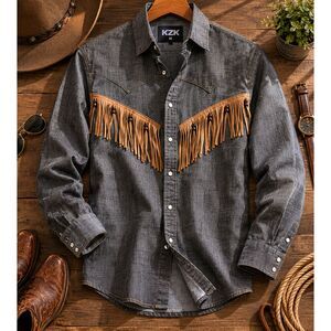 KZK Western Button Up Fringe Cowgboy Beaded Shirt Mens Size Medium Vintage (299m